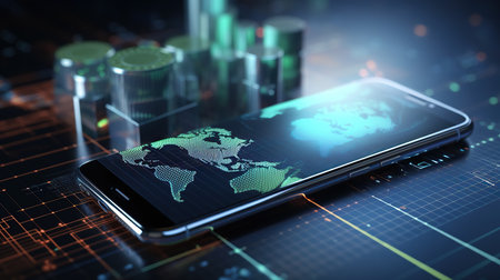 Smartphone with digital world map on screen. 3d illustration.の素材