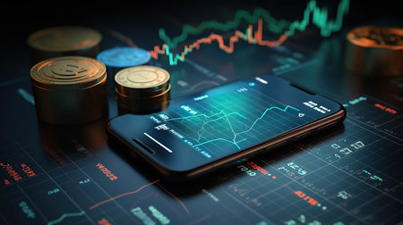 Smartphone and coins on the background of the forex chart.の素材
