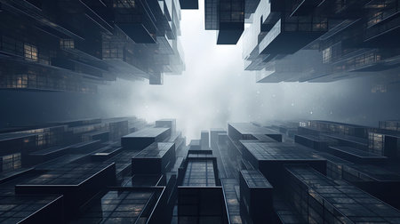 Futuristic skyscrapers in the fog. 3d renderingの素材