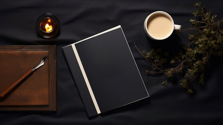 Top view of a book, a cup of coffee and a candle on a black backgroundの素材