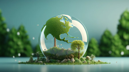 Green planet in a glass sphere. 3d illustration. save the planet conceptの素材