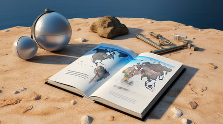 Travel and adventure concept. Globe, compass, binoculars on the sandの素材