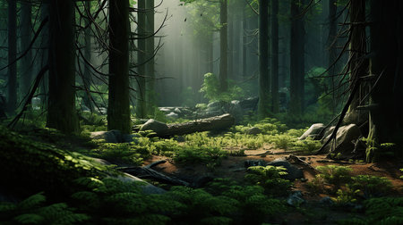 Mysterious dark green forest. Fantasy landscape. 3D renderingの素材