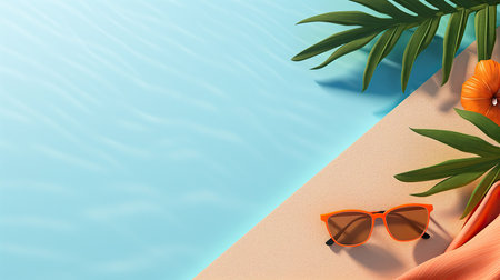 Summer background with palm leaves, sunglasses and orange seashells. Vector illustrationの素材