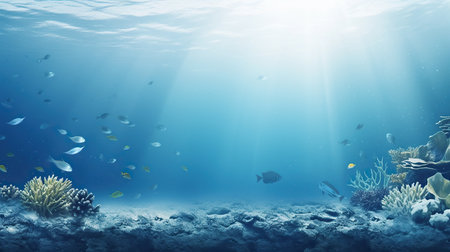Underwater landscape with coral reef and tropical fishes. 3d renderingの素材