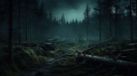 Mysterious dark forest with fog, trees and fallen tree.の素材