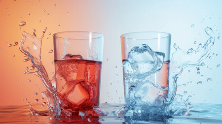 Cocktail with ice cubes, splashes and drops on colorful backgroundの素材