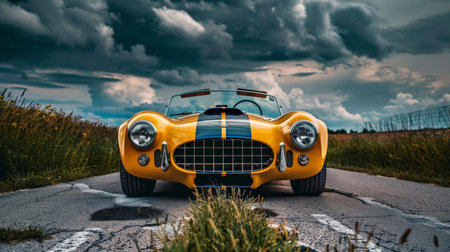 A classic yellow sports car on a country road with dramatic stormy clouds in the background.の素材