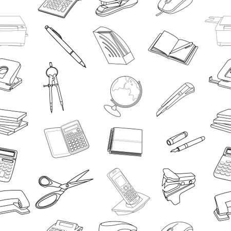 Vector seamless stationery pattern. Hand-drawn black  white background. Doodle stylish office patternのイラスト素材