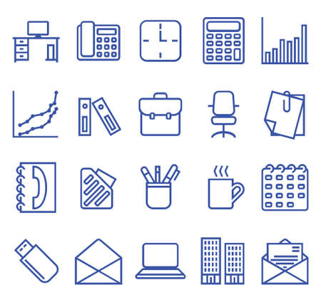 Office set vector lines icons. Includes such icons as calculator, clock, calendar, phone, office chair, computer and more.のイラスト素材