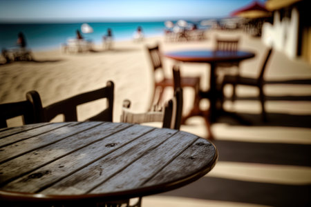 Empty wooden table and chairs on the beach. Selective focus. Toned.の写真素材