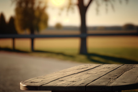 Wooden Table Top Background In the Park - Blur Nature Backgroundの写真素材