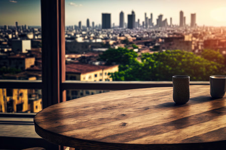 Coffee cup on wooden table in coffee shop with city view backgroundの写真素材