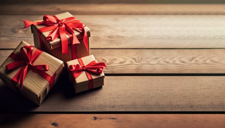 Gift boxes with red ribbon bow on wooden table, copy space