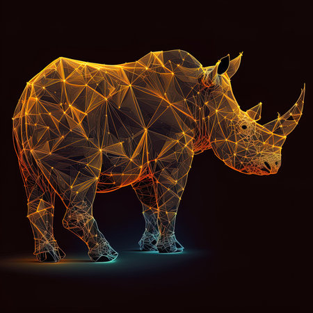 Rhinoceros polygonal wireframe illustration on dark backgroundの写真素材