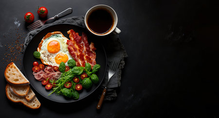 Breakfast with fried eggs, bacon, tomatoes and basil on a black backgroundの写真素材