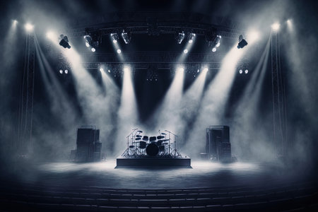 Concert stage with lights and smoke, Stage Spotlight with Laser rays and smoke, Stage Spotlight with Light rays and smoke, Stage Spotlight with Laser rays and smokeの写真素材