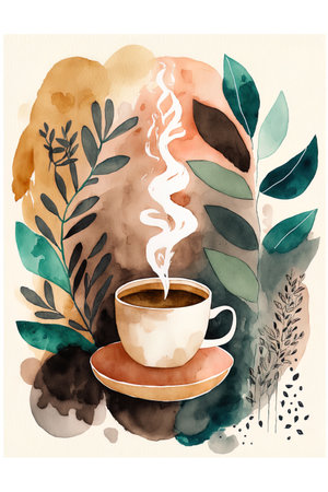 Hand drawn watercolor illustration of a cup of coffee with leaves.の写真素材