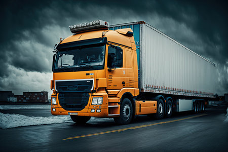 Truck with cargo on the road. Cargo transportation and logistics concept.の写真素材