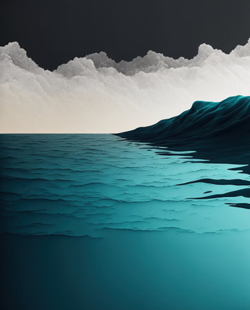 Surreal landscape with ocean and blue sky. 3D Renderingの写真素材