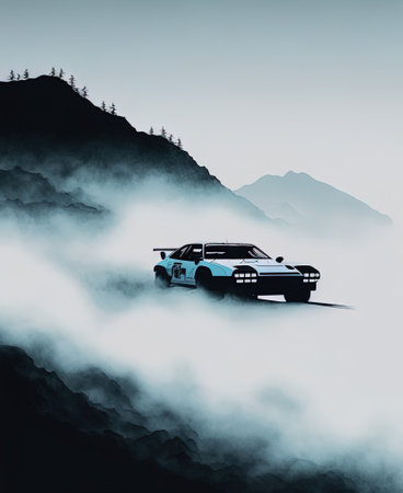 3d rendering of a car driving in the mountains in the fogの写真素材