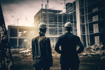 Back view of engineer and architect standing in front of building under construction
