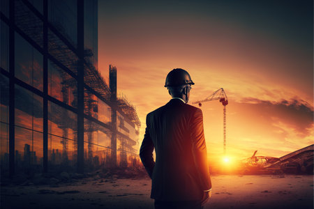 Silhouette of engineer at construction site. Mixed media. Mixed media