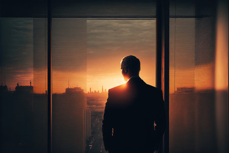 Silhouette of a businessman looking out the window at sunset.