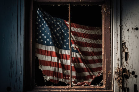 American flag in the window of an old wooden house. Toned.