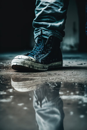 closeup of man's feet in black sneakers with reflection on wet floor