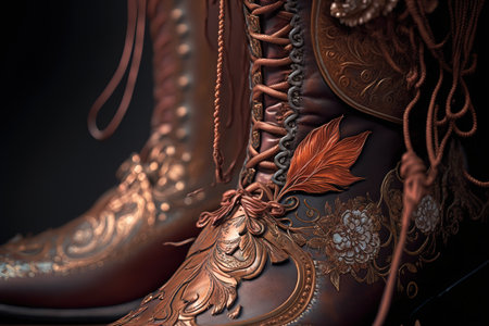 A closeup shot of a pair of brown boots with ornamentsの写真素材