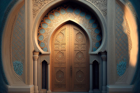 3D rendering of a beautiful entrance to a mosque with a golden doorの写真素材