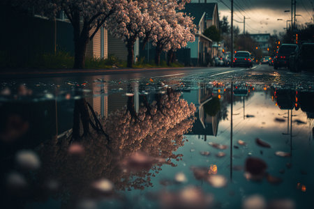 Cherry blossom in the city, reflection in the puddle
