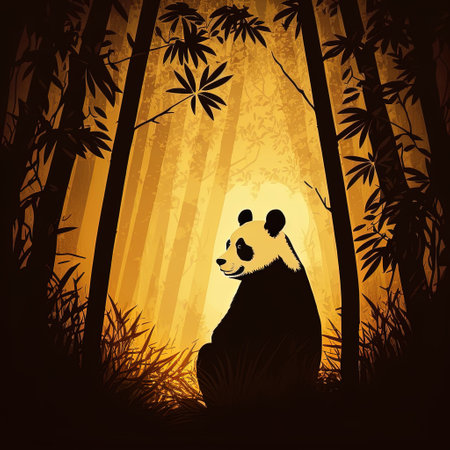 Panda in the bamboo forest at sunset. Vector illustration for your designの写真素材