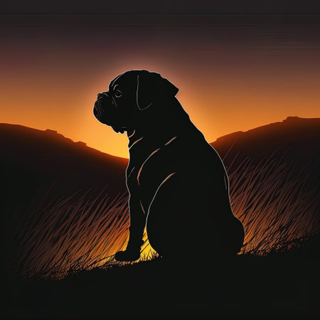 Pug dog silhouette on sunset background, vector illustration eps10の写真素材