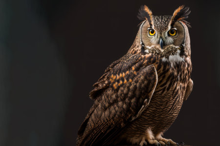 Portrait of a beautiful owl on a black background with copy spaceの写真素材