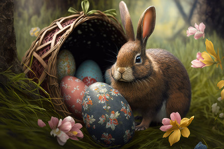 Easter bunny and Easter eggs in the grass. 3d render
