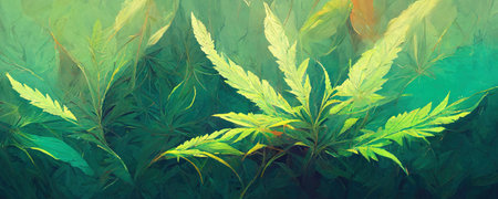 Cannabis background. Green leaves of marijuana on a green background.