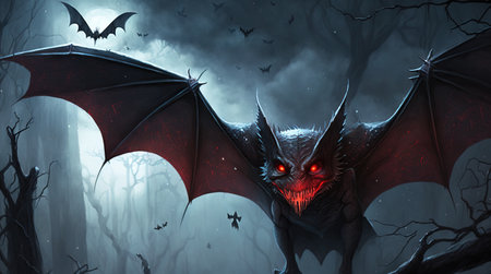 Bat illustration scary silhouette with dark cloudy sky spooky nightの写真素材