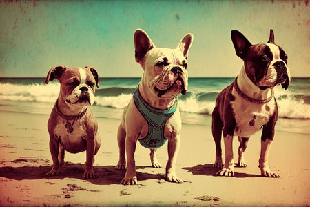 French bulldog on the beach with vintage filter effect. Retro style.の写真素材