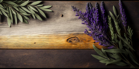 Old wooden desk with lavender grass leaf on the corner