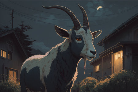 Cartoon illustrated of goat image, close up standing in the street at nigh evening timeの写真素材