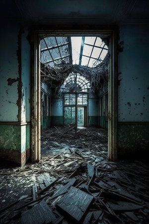 Old broken abandoned house with broken ceiling and windowの写真素材