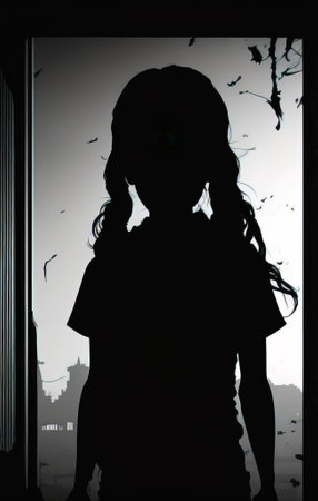 A little girl silhouette standing looking outside, horror graphic design backgroundの写真素材