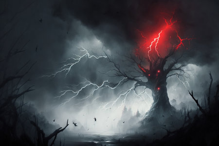 A dark forest with striking lighting in the skyの写真素材