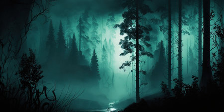 An empty foggy dark mysterious forest