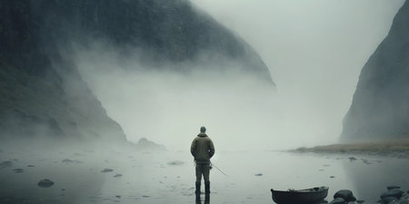 A man fishing in a cold winter river with mountain viewの写真素材