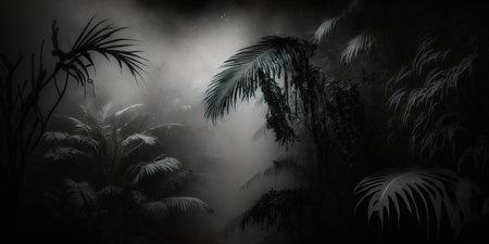 Dark night at the jungle with black saturated plantsの写真素材