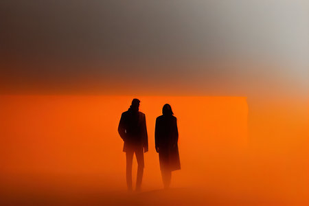 Silhouette of a couple in orange colorの写真素材