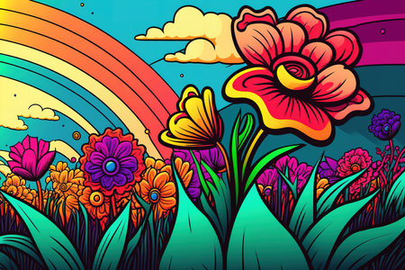 colorful flowers, Spring illustration digital art for background, created using generative aiの素材